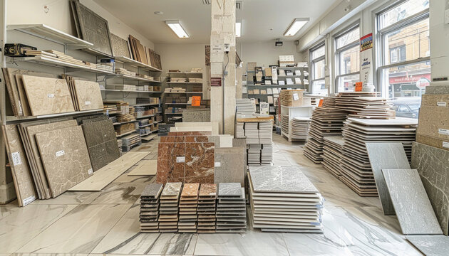 Retail store offers a variety of tiles for sale, including flooring, ceiling, and shelf materials