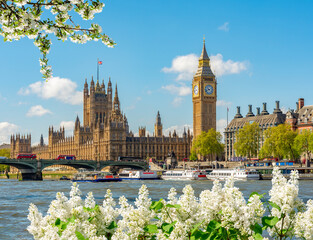 Big Ben tower and Houses of Parliament in spring, London, UK