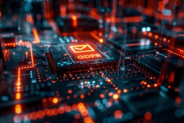 Obraz premium High-tech digital shield amidst vibrant red electronic circuits, emphasizing advanced cybersecurity measures in a networked environment.