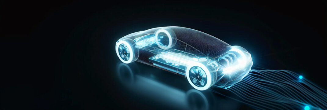 technology electric glowing sport car, transparent view X-ray, electric vehicle with charging battery, blue waves connect with car, connect circuit data, black background