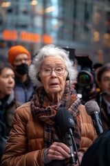 Fototapeta premium An elderly woman is being interviewed by a television reporter in the city.
