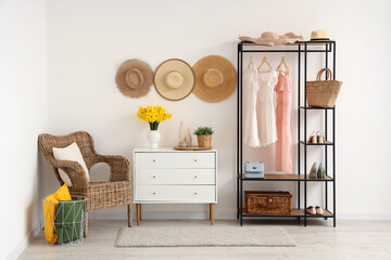 Stylish interior of modern hall with armchair, chest of drawers and rack