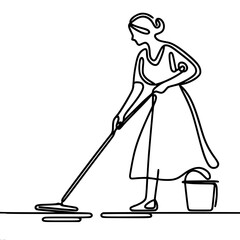 woman washes floors with a mop, professional cleaner, wet cleaning, housework, one line vector drawing