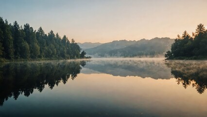 Fototapeta premium Serene mountain lake at sunrise with mist over the water, surrounded by lush green trees and reflecting a golden sky.