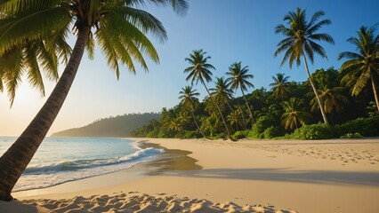 Obraz premium A pristine tropical beach at sunrise, with towering palm trees and clear, calm waters, perfect for a peaceful getaway or relaxing retreat.