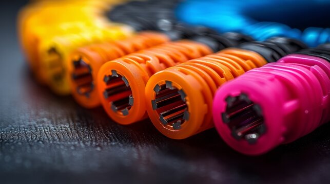 Close-up of single-mode optical patch cords with connectors, showing beveled ends.