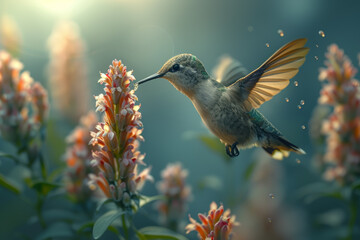 A tiny hummingbird hovering near a flower, its rapid wingbeats a blur as it sips nectar from the blooms. Concept of pollination and floral symbiosis. Generative Ai. - Powered by Adobe