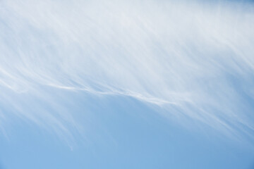 Light blue sky with a line of wispy white feathery cloud, as a nature background
