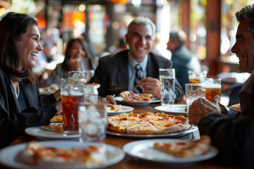 Selective focus of Caucasian businessman eating pizza together in restaurant.