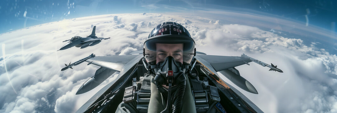 A fighter pilot wearing a helmet in the cockpit is flying high above the clouds.