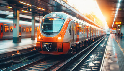 Obraz premium As the sun sets in the background, a train pulls into the station, marking the end of its journey