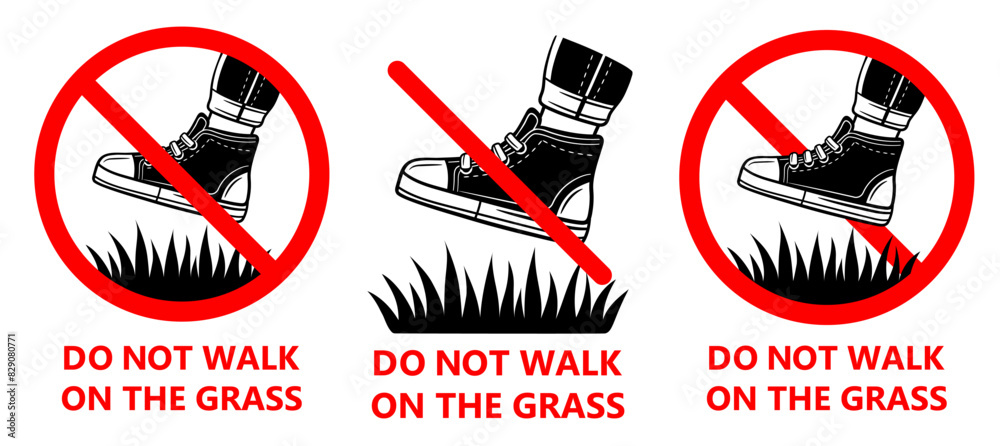 Wall mural do not walk on grass lawn, no allowed foot shoes step on garden green plant icon set. prohibition st