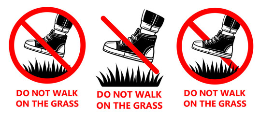 Do not walk on grass lawn, no allowed foot shoes step on garden green plant icon set. Prohibition stand in boots on park flowers. Forbidden person footsteps on herb field. Warning stop sign. Vector 
