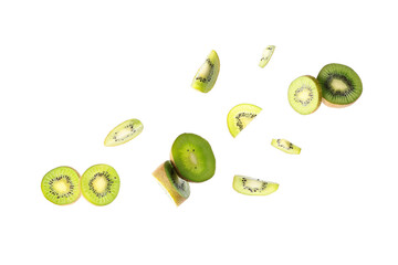 Flying cut fresh kiwi on white background