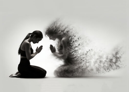 A silhouetted young woman praying in a meditative yoga pose, mirrored by a twin made of smoke and dissolving into nothingness. Shades of grey. Dichotomy between the corporeal and the ethereal.
