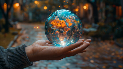 Fototapeta premium a hand with hologram globe.generative ai