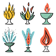 Set six stylized flame illustrations, cartoon flames various shapes. Different simple fire designs, colorful abstract icons. Collection playful fire representations, creative graphic elements