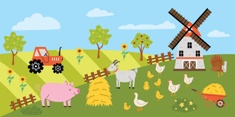 Cute background with farm animals. Vector illustration of farmland, pig, sheep, mill, sunflower, chickens. Field with tractor. Template for banner, print, flyer. Children's illustration.