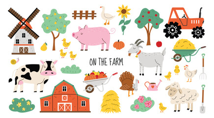 Large set of cute farm animals and birds in flat style. Cow, goat, lamb, goose, chicken, pig, tractor, hay and mill in hand drawn style. Objects for poster, banner or postcard. White background.