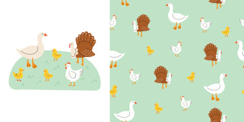 Cute seamless pattern with farm birds. Childish cute print and pattern set with turkey, chicken and goose. Perfect for fabric, textiles and prints. Hand drawn nursery vector illustration.