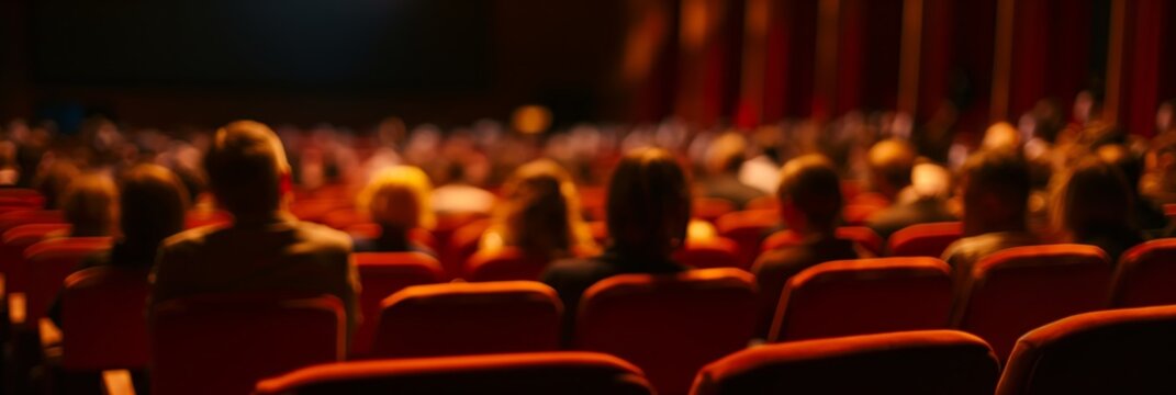 Defocused shot of an audience sitting in a movie theater with red chairs