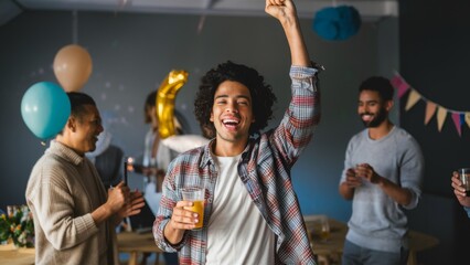 A man raising his fist in the air at a party, AI