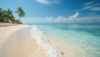 The tropical beach is lined with palm trees and features crystalclear turquoise water