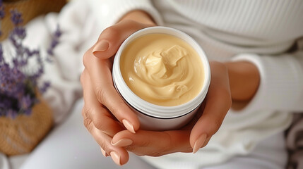 woman's hands holding a jar of luxurious peach-colored cream. The background features a soft, white fabric and a basket with lavender flowers, creating a calm and elegant atmosphere.