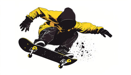 Skateboarder jumping in yellow jacket graphic