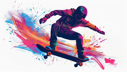 Colorful skateboarder performing trick in graffiti style