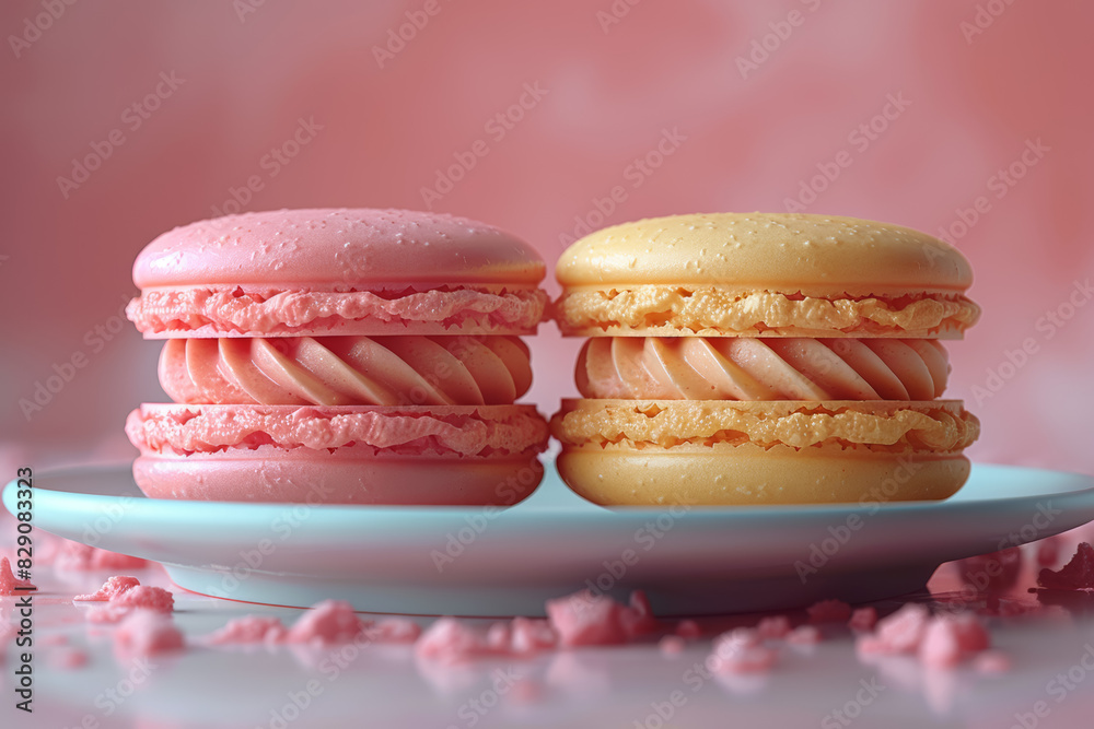 Poster pale yellow and peachy pink macarons on a pastel plate. concept of delicacy and indulgence. generati