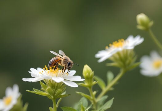 A honey bee pollinating a white flower against a blurred green background