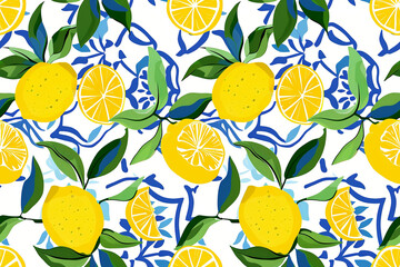 Vibrant hand-painted floral and fruit lemon seamless pattern with colorful blooms flowers and fruits, bright floral background. Botanical wallpaper.	