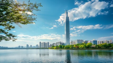 Stunning vista of downtown Seoul featuring a modern skyscraper by the lake against a clear blue sky. Seoul, a prominent tourist destination in Asia.