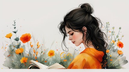 Engrossed in Literature: A Charming Illustration of a Woman Reading in a Minimalist Style