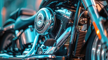 Fototapeta premium Close up of a motorcycle engine with a blurred background