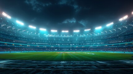 Vibrant cricket stadium aglow with fans in nocturnal view, part of contemporary sports complex in 3D rendering.