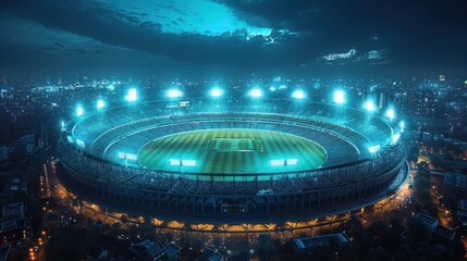 Vibrant cricket stadium aglow with fans in nocturnal view, part of contemporary sports complex in 3D rendering.