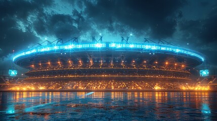 Vibrant cricket stadium aglow with fans in nocturnal view, part of contemporary sports complex in 3D rendering. - Powered by Adobe