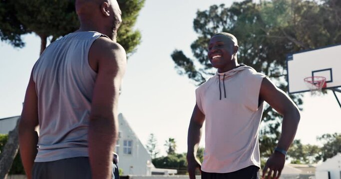 Outdoor, father and son with handshake after game or fitness, playing and memory in nature. Sports, exercise and happiness of black people with caring, proud or bonding with smile in basketball court