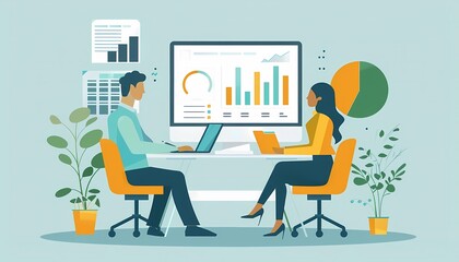 Imagine a flat design of a financial advisor discussing digital investments with a client