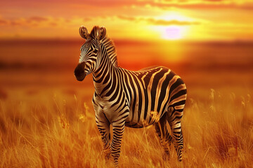 african landscape with zebra in the sunset