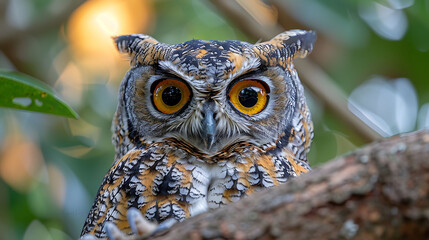 adult male Mauritius Owl Mascarenotus sauzieri with brown and white plumage extinct native to Mauritius Africa