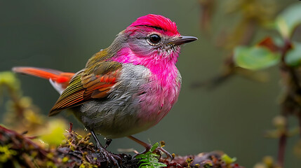 adult male Pinkheaded Warbler Cardellina versicolor with bright pink and red plumage found in Guatemala Central America