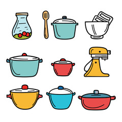 Colorful kitchen utensils set, cooking pots, pan, wooden spoon, glass jar pickles, stand mixer, mixing bowl. Cartoon style kitchenware collection, culinary equipment isolated white background. Set