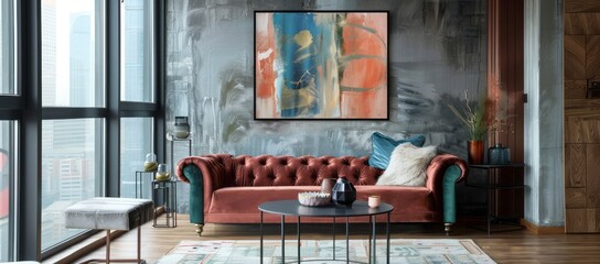 Modern living room interior with a stylish velvet sofa, abstract wall art, and floor-to-ceiling windows
