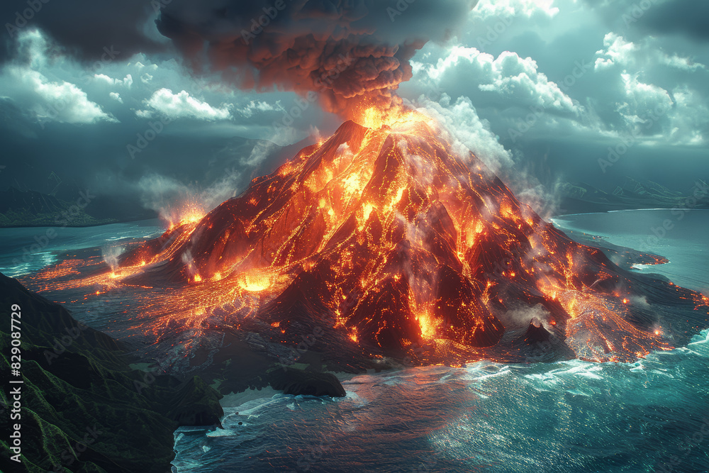 Wall mural a volcano erupting and then calming into a peaceful island. concept of destruction and creation. gen