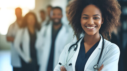 Smiling black female doctor standing in front of her team concept of inclusion and leadership