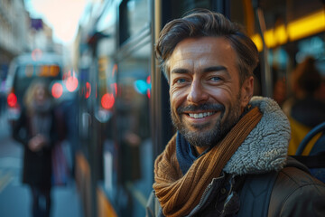 A bus driver greeting passengers with a smile. Concept of service and routine. Generative Ai.
