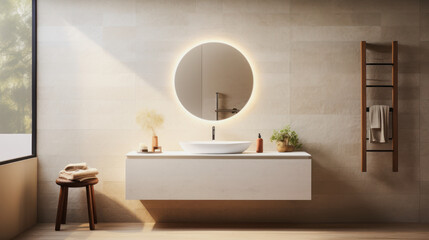 white modern, natural-looking washbasin with vanity unit